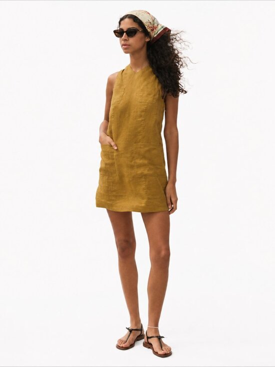 Doen Dresses & Skirts - Doen Bennette Dress Golden Olive Linen Sleeveless Pocket Shift Dress Size M